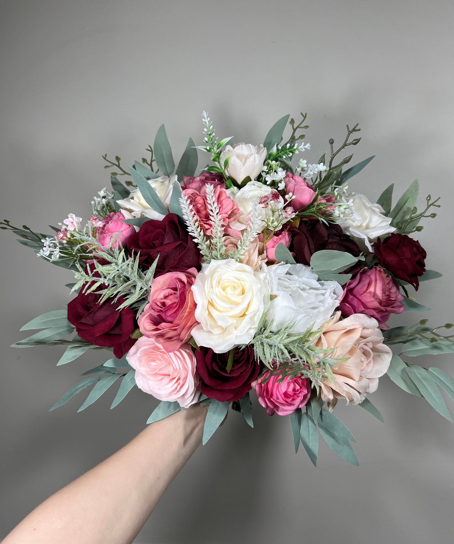 Pink Bouquet Bridal Wedding Burgundy Bouquet Blush Bridesmaids White Eucalyptus Fuchsia Hot Pink Artificial Flower