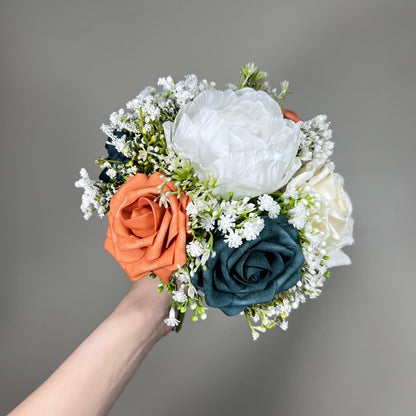 Burnt Orange Bouquet Wedding Dark Teal Bridesmaids Bouquet Terracotta White Bouquet Rust Dark Teal Bouquet Baby Breath Artificial Flower