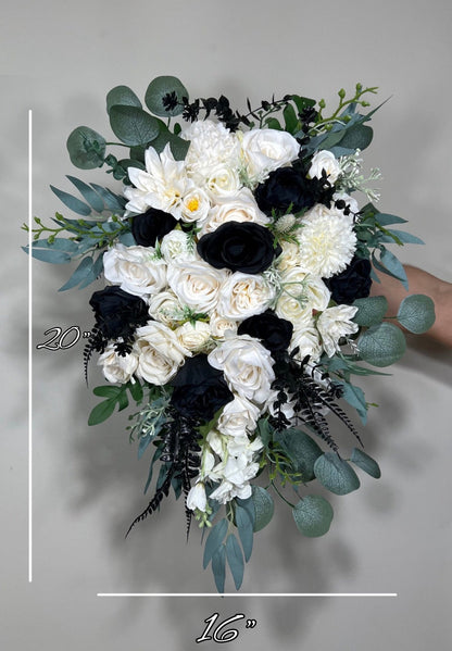 Wedding White Bouquet Cascade Black Bridesmaids Bridal Cascading Bouquet Wedding Bouquet Ivory Decor Eucalyptus Sage Flower Artificial