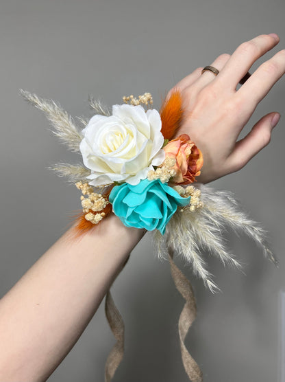 Wedding Teal Corsage White Wedding Wrist Corsage Orange Bridesmaids Terracotta Corsage Turquoise Mom Corsage Artificial Flowers