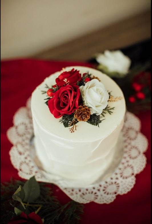 Cake Decoration Christmas White Wedding Topper Red Decor Cake Arrangements Wedding Cake Decoration Winter White Pine Cone Artificial Flower