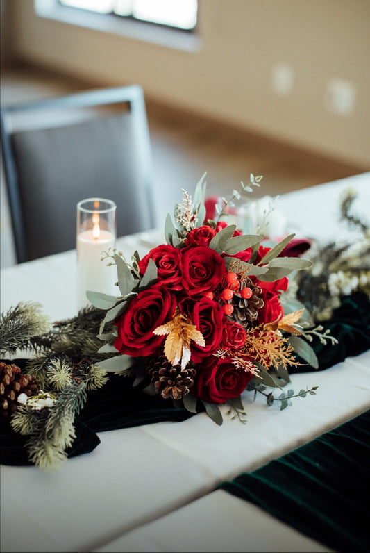 Wedding Christmas Bouquet Red Bridal Winter Bouquet Red Christmas Rustic Bridesmaids Bouquet Gold Christmas Tree Red Pine Cone