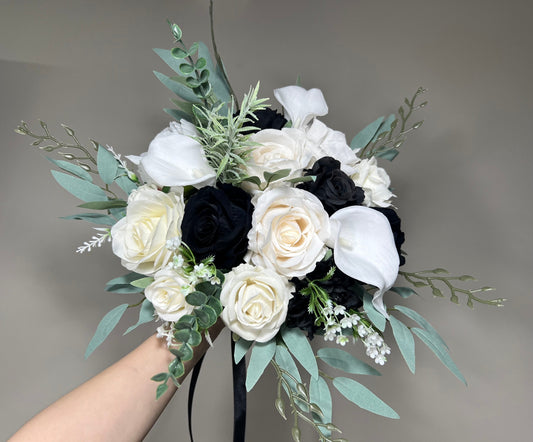 White Black Bouquet Bridal Calla Lily Bouquet White and Black Bouquet Ivory Sage Calla Lily Bridesmaids Bouquet Artificial Flowers