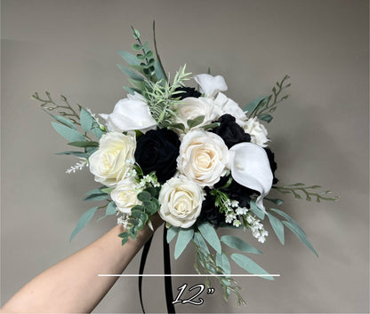 White Black Bouquet Bridal Calla Lily Bouquet White and Black Bouquet Ivory Sage Calla Lily Bridesmaids Bouquet Artificial Flowers