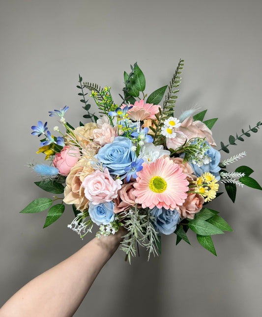 Wedding Bouquet Wild Flower Summer Pink Bridal White Spring Bouquet Pink Blush Blue Bridesmaids Bouquet Blue Wild Flower Artificial