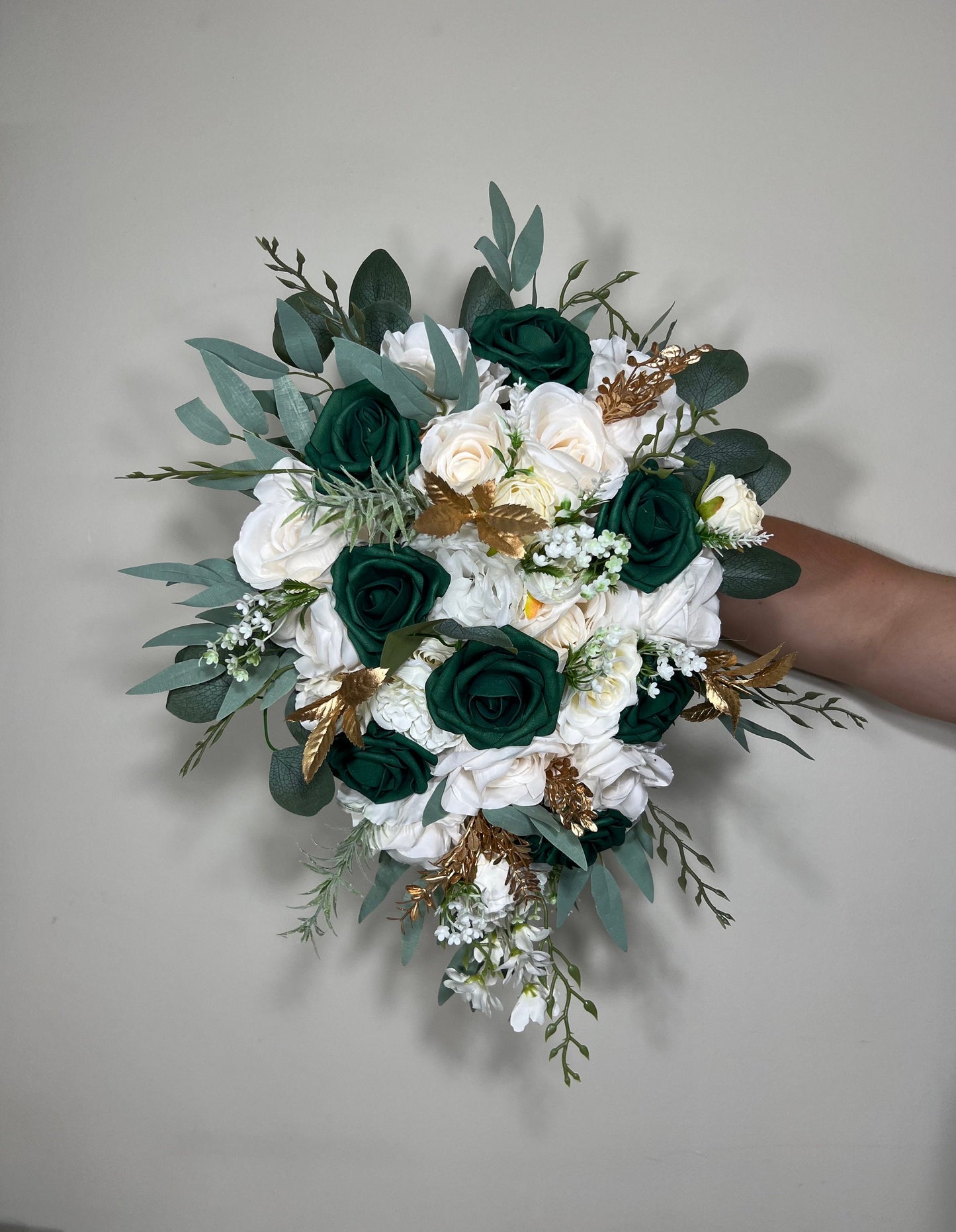 Emerald Bouquet Bridal Cascade White Hunter Green Bridesmaids Bouquet Emerald Green Forest Ivory Cascading Bouquet Gold Artificial Flower