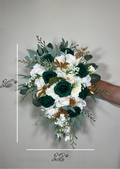 Emerald Bouquet Bridal Cascade White Hunter Green Bridesmaids Bouquet Emerald Green Forest Ivory Cascading Bouquet Gold Artificial Flower