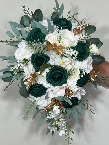 Emerald Bouquet Bridal Cascade White Hunter Green Bridesmaids Bouquet Emerald Green Forest Ivory Cascading Bouquet Gold Artificial Flower