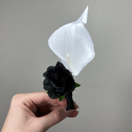 White Boutonniere Calla Wedding Groom Black and White Boutonnières Black Groomsmen Calla Lily Artificial Flowers Boutonnière White