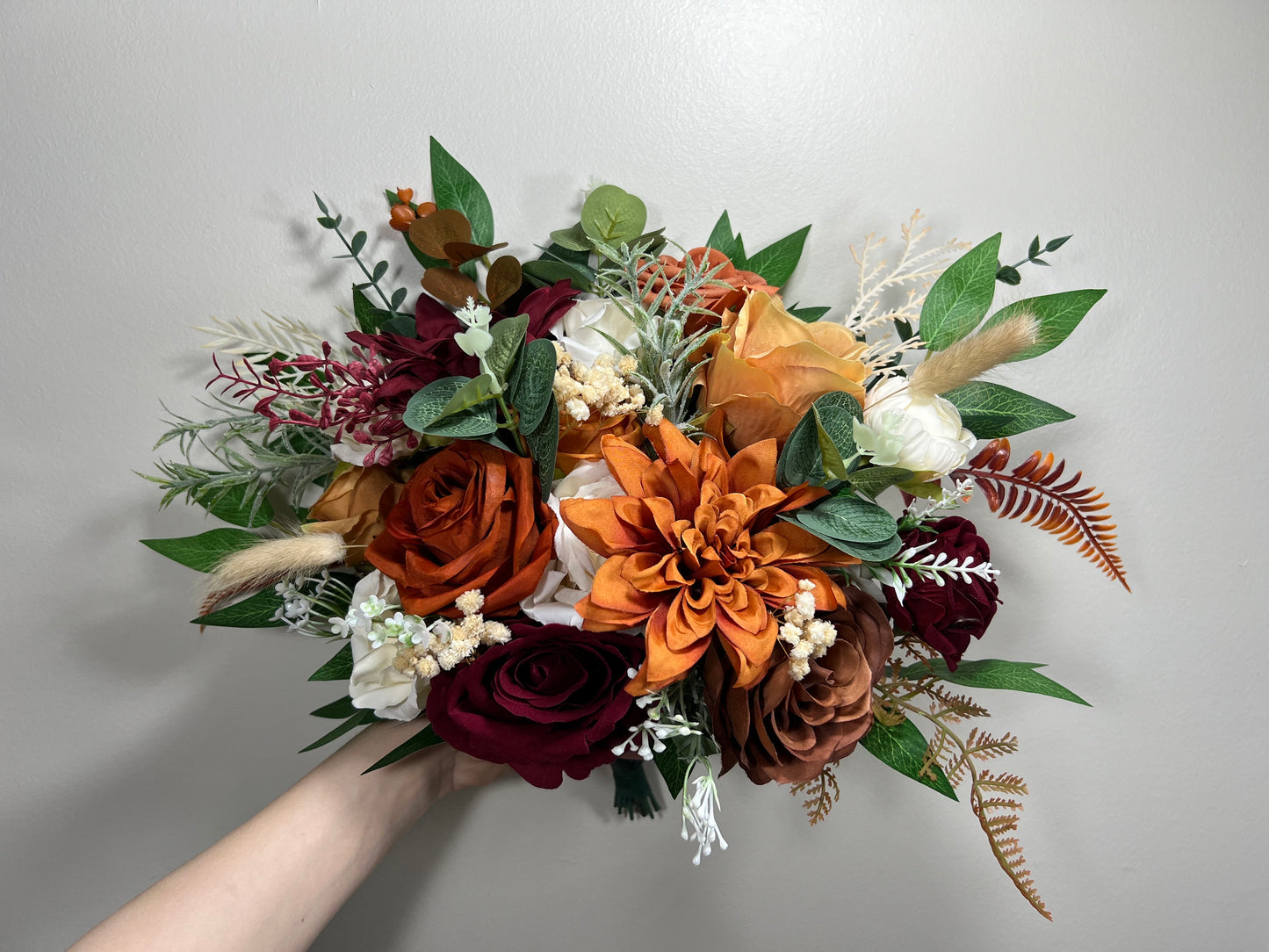 Wedding Bouquet Terracotta Rust Bouquet Bridesmaids Cinnamon Fall Burgundy Orange White Ivory Bouquet Artificial Flower