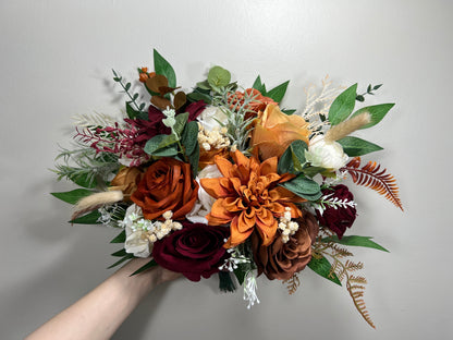 Wedding Bouquet Terracotta Rust Bouquet Bridesmaids Cinnamon Fall Burgundy Orange White Ivory Bouquet Artificial Flower