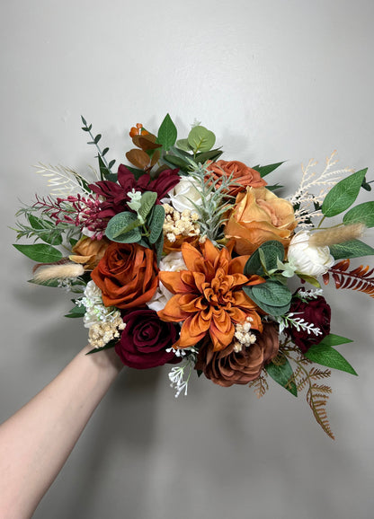 Wedding Bouquet Terracotta Rust Bouquet Bridesmaids Cinnamon Fall Burgundy Orange White Ivory Bouquet Artificial Flower