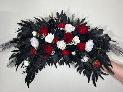 Wedding Arch Arrangement Black Red Arch Aisle Arrangement Curved White Halloween Arbor Arrangement Gothic Black and White Artificial Flowers