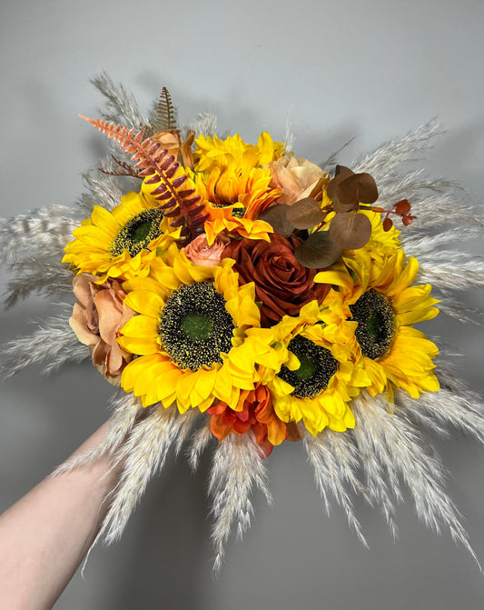 Wedding Bouquet Sunflower Boho Burnt Orange Bridal Terracotta Fall Decor Rust Sunflower Artificial Flowers Dried Pampas Grass Baby Breath