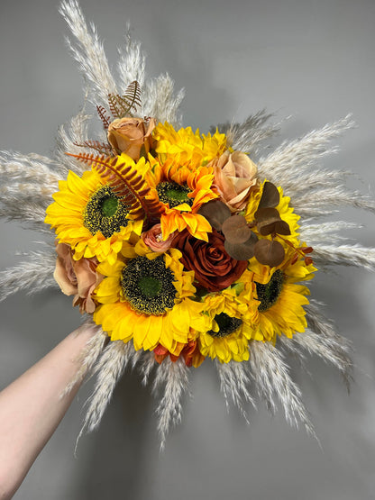 Wedding Bouquet Sunflower Boho Burnt Orange Bridal Terracotta Fall Decor Rust Sunflower Artificial Flowers Dried Pampas Grass Baby Breath
