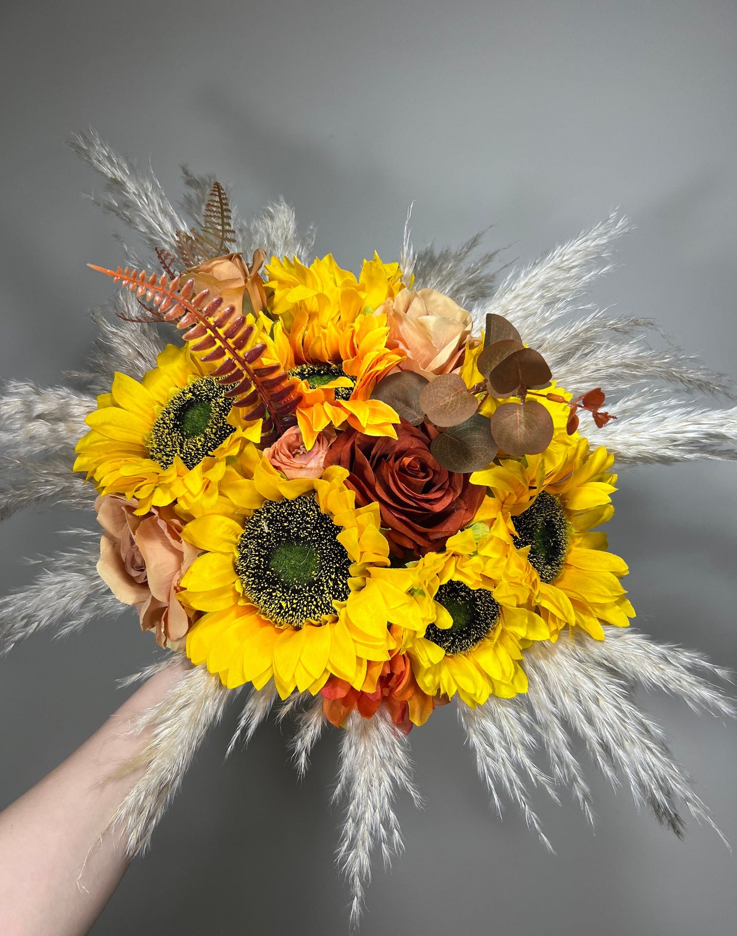 Wedding Bouquet Sunflower Boho Burnt Orange Bridal Terracotta Fall Decor Rust Sunflower Artificial Flowers Dried Pampas Grass Baby Breath