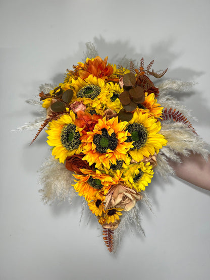 Sunflower Bouquet Cascade Boho Burnt Orange Bridal Bouquet Cascading Terracotta Bouquet Bridesmaids Sunflower Rust Artificial Flowers