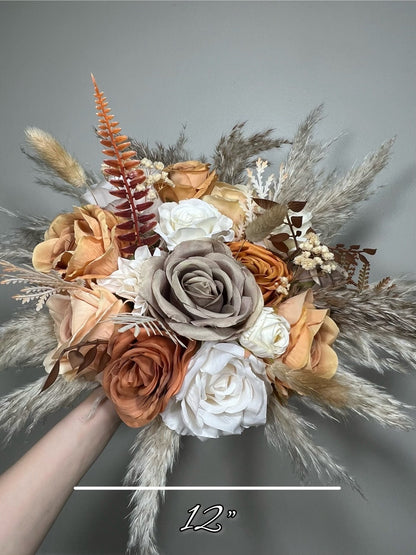 Wedding Bouquet Terracotta Boho Bridal Rust Wedding Burnt Orange Bridesmaids Decor Fall Handmade Artificial Flower Pampas Grass