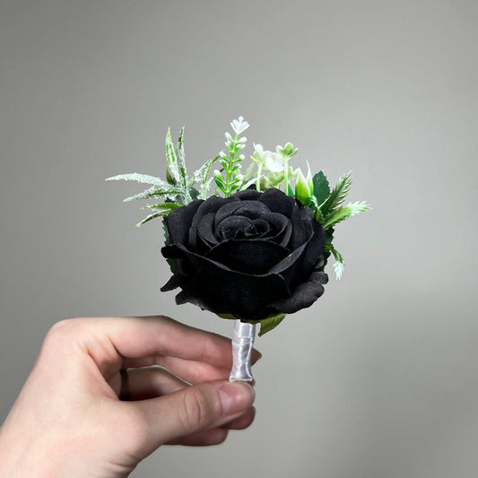 Black Boutonniere Wedding Groom Black Boutonnières Black Groomsmen Gothic Artificial Flowers Boutonnière Greenery Halloween Boutonniere