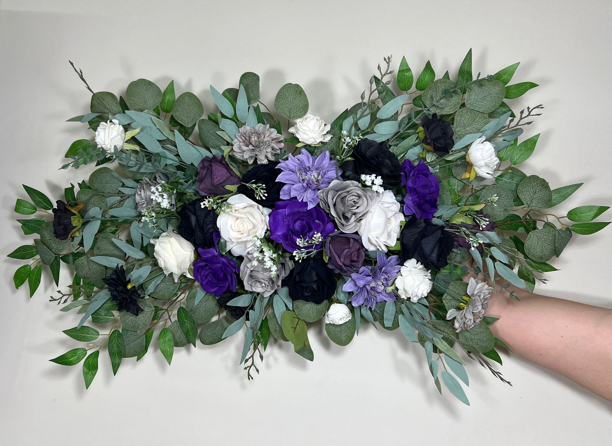 Black Arch Arrangement Wedding Purple Arch Aisle Arrangement Black Dark Purple Royal Gothic Black Artificial Flowers White Gray Eucalyptus