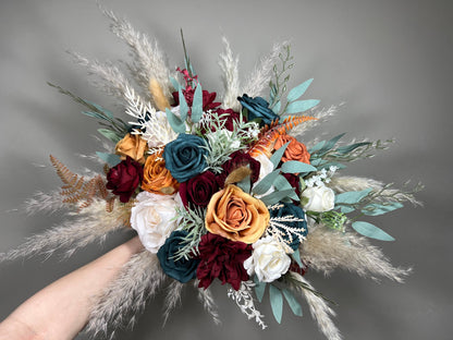 Wedding Dark Teal Bouquet Bridal Burgundy Terracotta Bridesmaids Burgundy Burnt Orange Bouquet Dark Teal Rust Artificial Flowers Bouquet