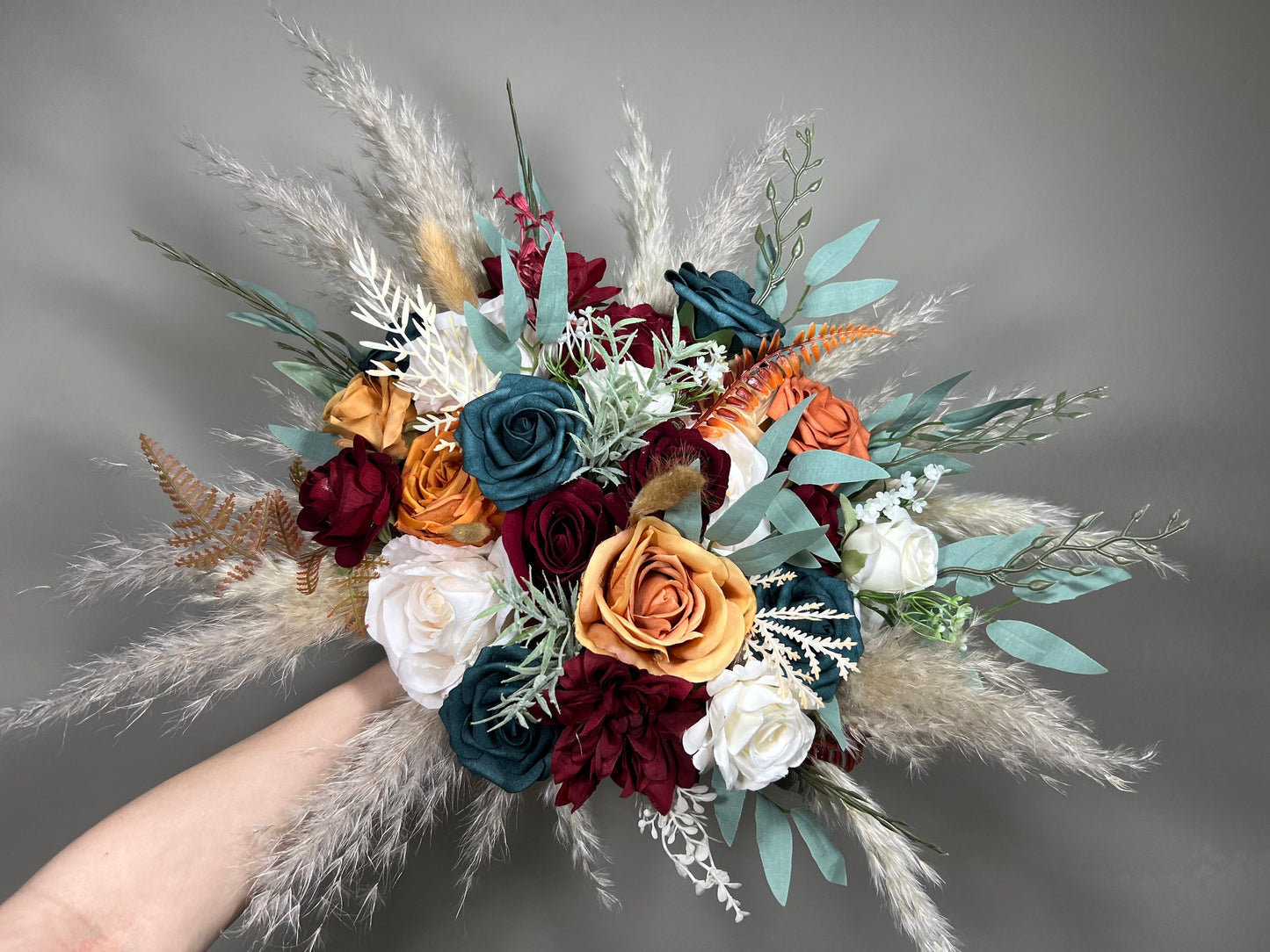 Dark Teal Bouquet Wedding Bridal Burgundy Terracotta Bridesmaids Burgundy Teal Burnt Orange Bouquet Dark Teal Rust Pampas Grass