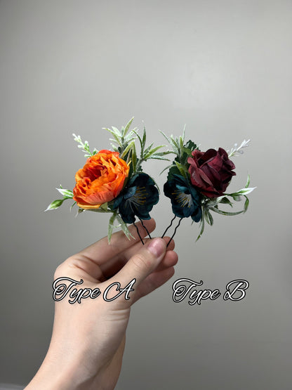 Dark Teal Hair Pin Wedding Burgundy Flower Girl Headpiece Burnt Orange Floral Bridesmaids Hair Pin Orange Dark Teal Accessories Hair Pin