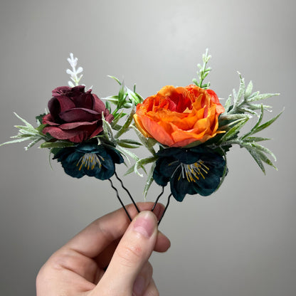 Dark Teal Hair Pin Wedding Burgundy Flower Girl Headpiece Burnt Orange Floral Bridesmaids Hair Pin Orange Dark Teal Accessories Hair Pin