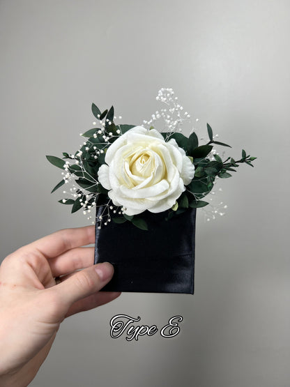 White Pocket Boutonniere Wedding Groom Boutonnière Ivory Square Groomsmen Pocket Boutonniere Baby Breath Eucalyptus Ivory Artificial Flowers