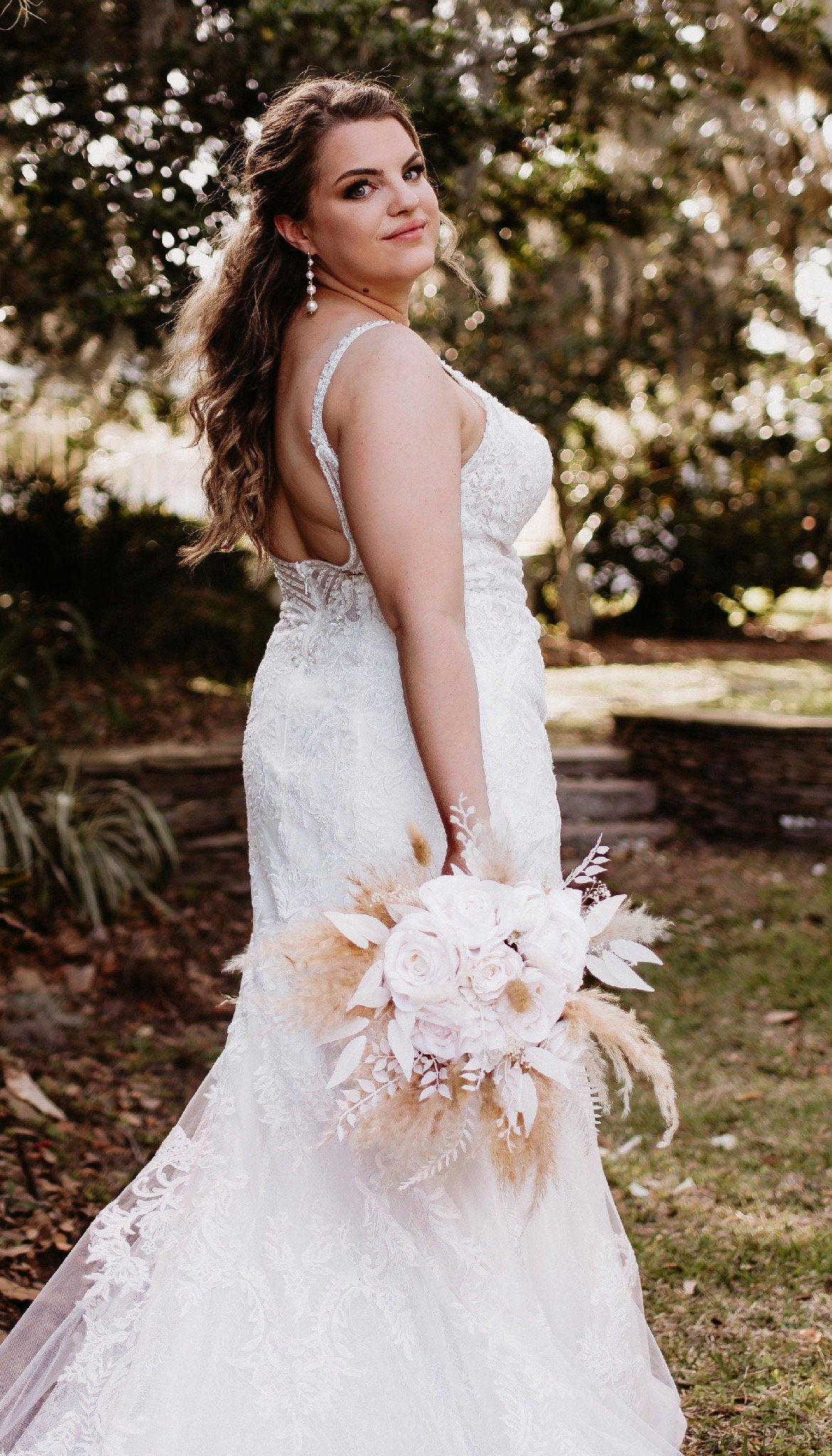 Wedding Bouquet Boho White Bridal Bouquet Pampas Grass Ivory Bridesmaids Decor Palms Leaves White Artificial Flower Dried Dahlia White Rose