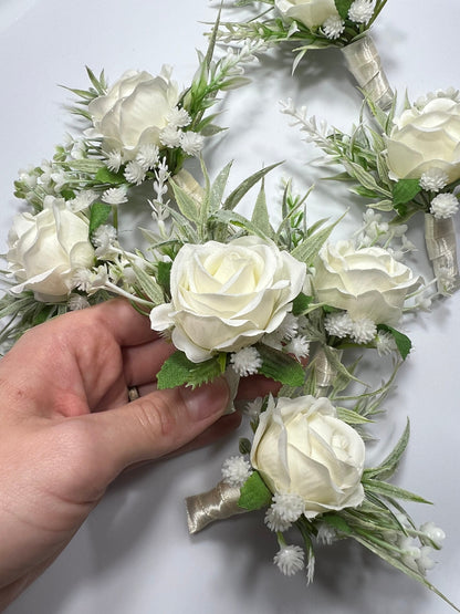 White Boutonniere Wedding Groom Ivory Groomsmen Boutonnière Ivory Artificial Flowers Eucalyptus White Rose Classic Boutonniere