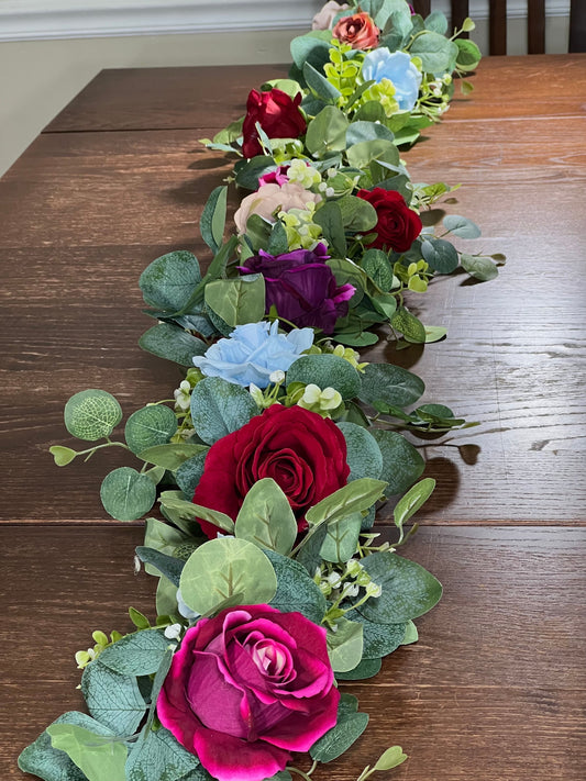 Garland Wedding Purple Table Runner Aisle Arrangement Arch Pink Silver Dollar Blue Eucalyptus Jewel Tone Garland Dusty Rose Greenery