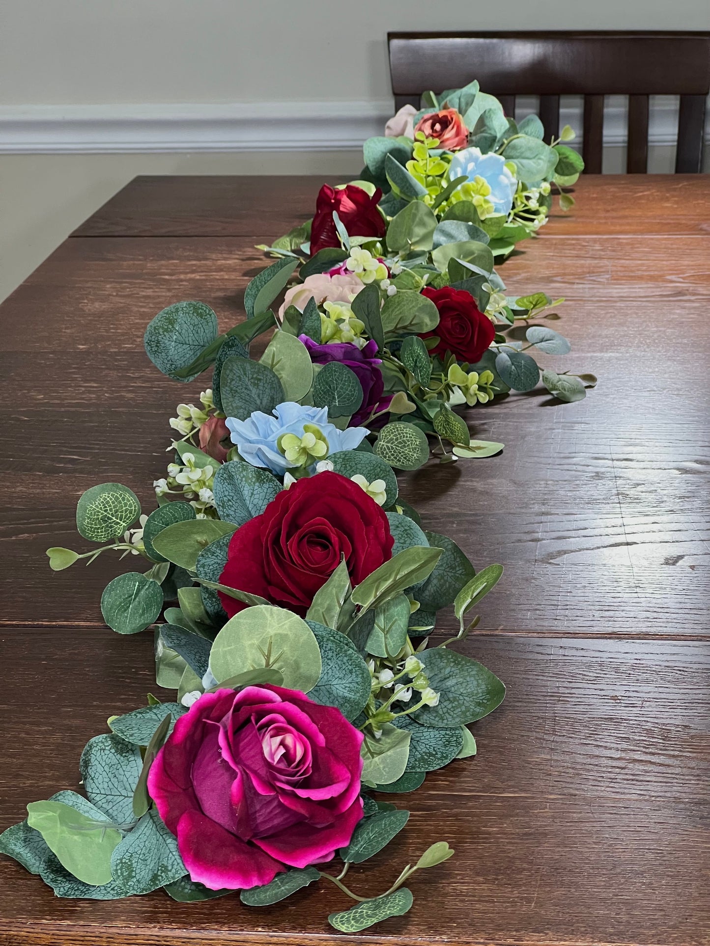 Garland Wedding Purple Table Runner Aisle Arrangement Arch Pink Silver Dollar Blue Eucalyptus Jewel Tone Garland Dusty Rose Greenery