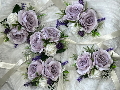 Purple Corsage Wedding Wrist Corsage Lilac Bridesmaids White Corsage Ivory Mom Corsage Lavender Boutonnière Artificial Flowers