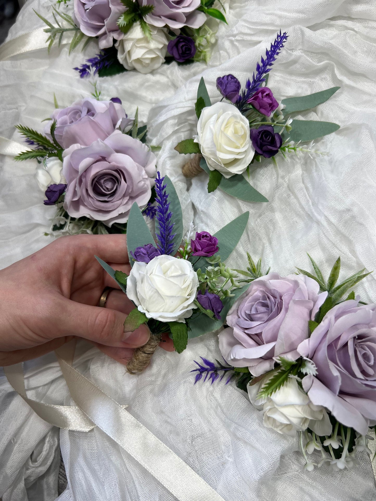 Purple Corsage Wedding Wrist Corsage Lilac Bridesmaids White Corsage Ivory Mom Corsage Lavender Boutonnière Artificial Flowers