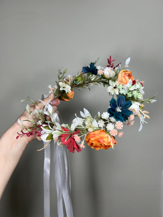 Dark Teal Flower Crown Wedding Bridal Floral Headband Burnt Orange Teal Adult Decor Terracotta Wreath Bridal Crown Children Burgundy Hair