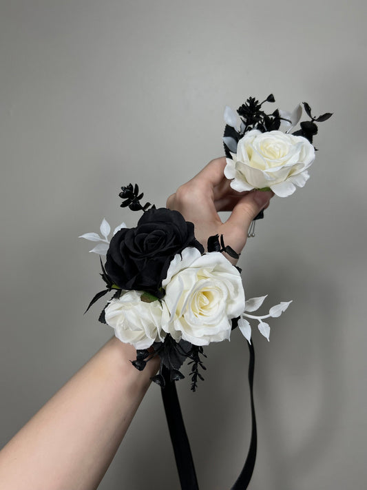 Black and White Corsage Wedding Ivory Corsage Wrist Black White Bridesmaids Black Corsage Mom White BoutonniereBlack