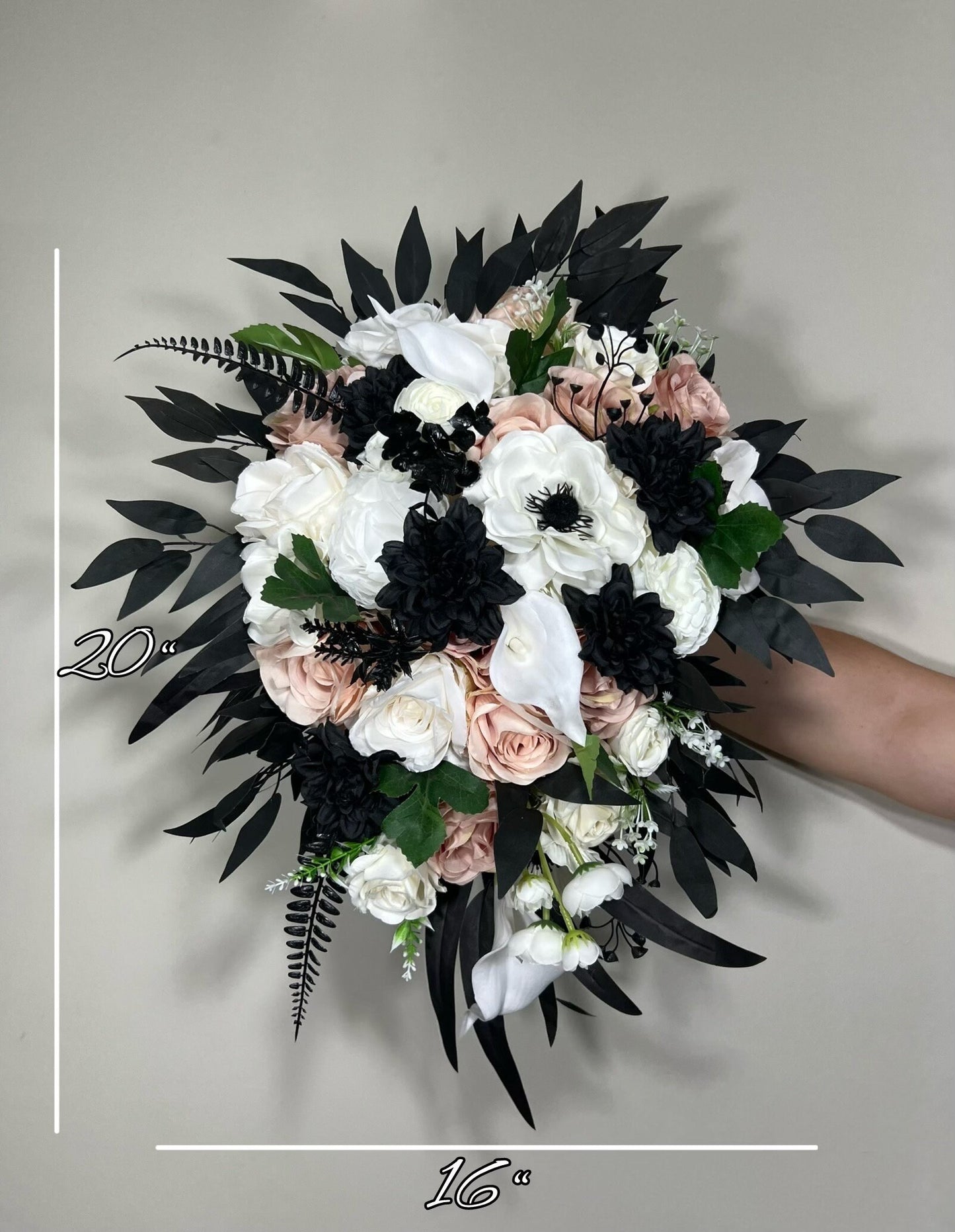 Black Bouquet Cascade White Bridal Gothic Cascading Bouquet Black Dusty Rose Bridesmaids Black Bouquet Ivory Anemone Artificial Flower