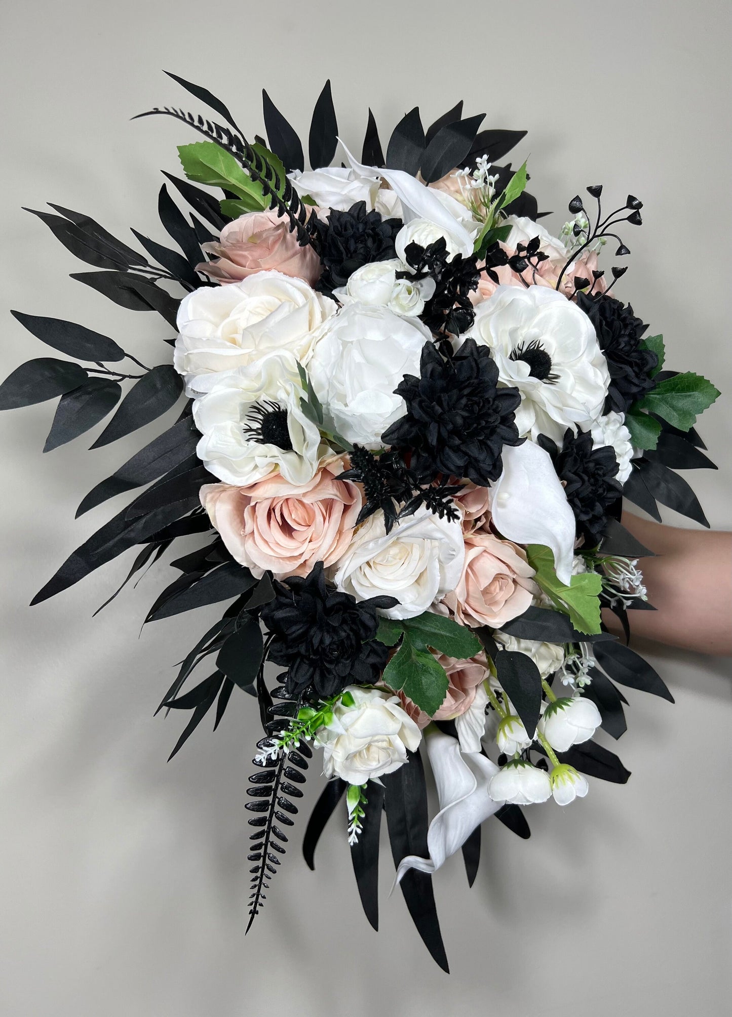 Black Bouquet Cascade White Bridal Gothic Cascading Bouquet Black Dusty Rose Bridesmaids Black Bouquet Ivory Anemone Artificial Flower