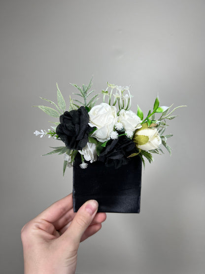 Black Pocket Boutonniere Wedding Groom Boutonnière White Square Groomsmen Pocket Boutonniere Black and White Gothic Artificial Flowers