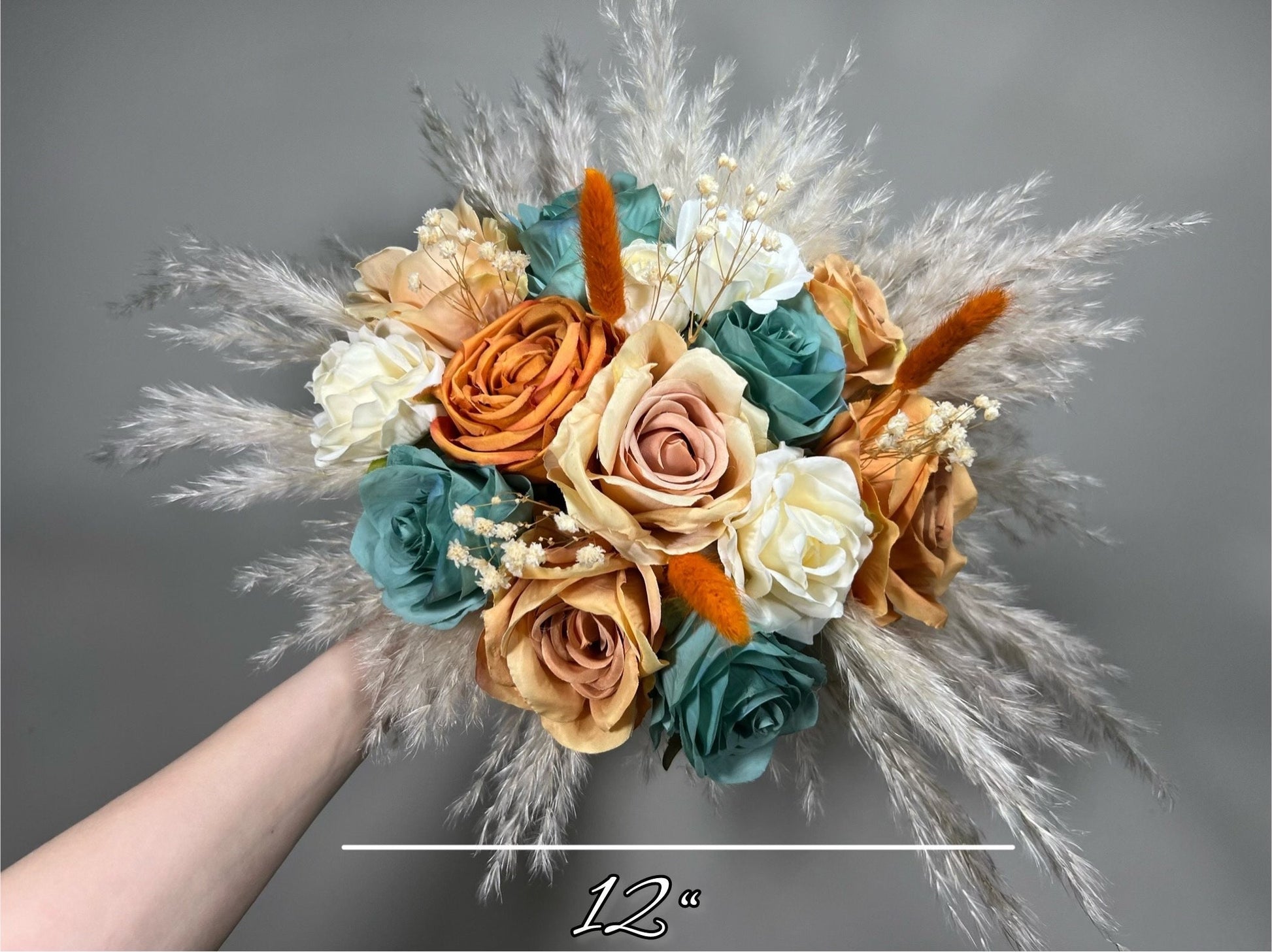 Wedding Terracotta Bouquet Bridal Teal Bridesmaids Bouquet Boho White Ivory Rust Pampas Grass Blue Terracotta Teal Artificial Flower