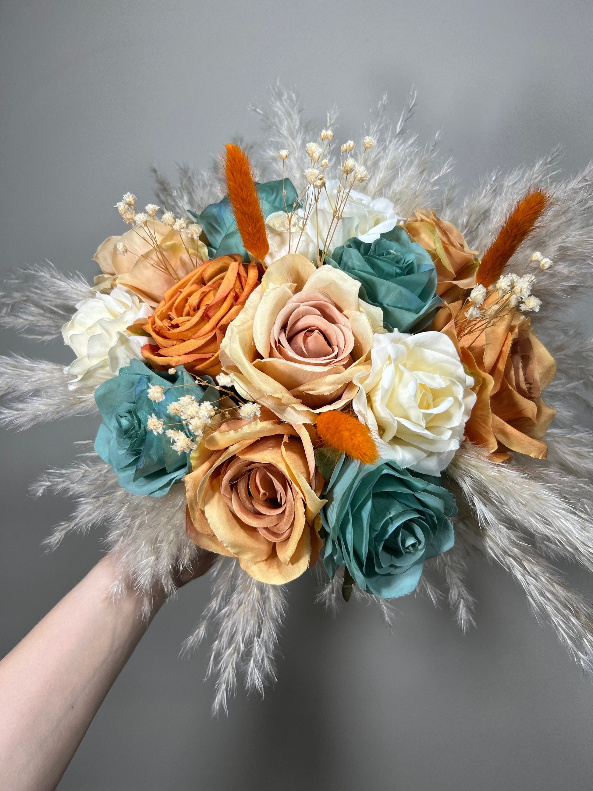 Wedding Terracotta Bouquet Bridal Teal Bridesmaids Bouquet Boho White Ivory Rust Pampas Grass Blue Terracotta Teal Artificial Flower