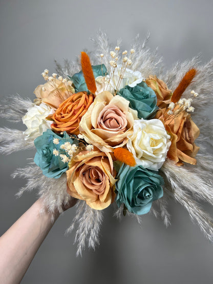 Wedding Terracotta Bouquet Bridal Teal Bridesmaids Bouquet Boho White Ivory Rust Pampas Grass Blue Terracotta Teal Artificial Flower