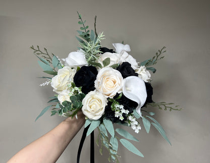 White Black Bouquet Bridal Calla Lily Bouquet White and Black Bouquet Ivory Sage Calla Lily Bridesmaids Bouquet Artificial Flowers