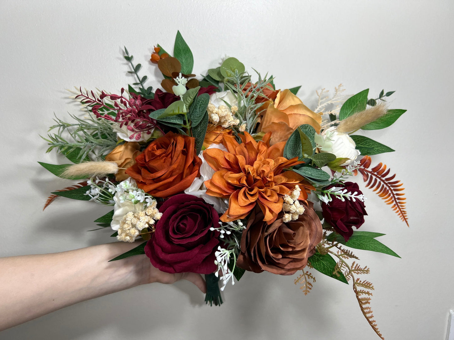 Wedding Bouquet Terracotta Rust Bouquet Bridesmaids Cinnamon Fall Burgundy Orange White Ivory Bouquet Artificial Flower