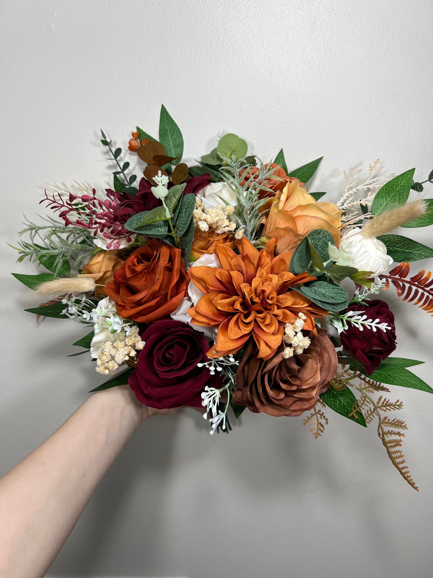 Wedding Bouquet Terracotta Rust Bouquet Bridesmaids Cinnamon Fall Burgundy Orange White Ivory Bouquet Artificial Flower