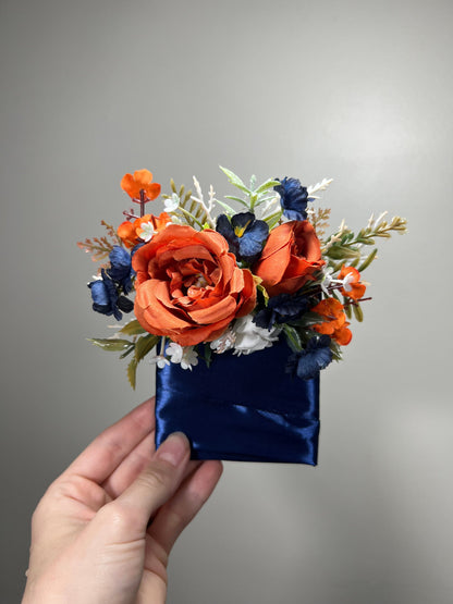 Orange Navy Blue Wrist Corsage, Terracotta Dark Blue Bridesmaid Flower, Rustic Burnt Orange Fall Wedding Corsage