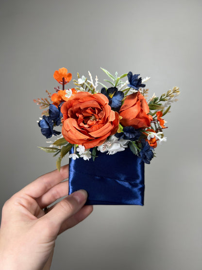 Orange Pocket Boutonniere Wedding Groom Boutonnière Square Burnt Orange Navy Blue Groomsmen Terracotta Navy Blue Boutonniere Rust