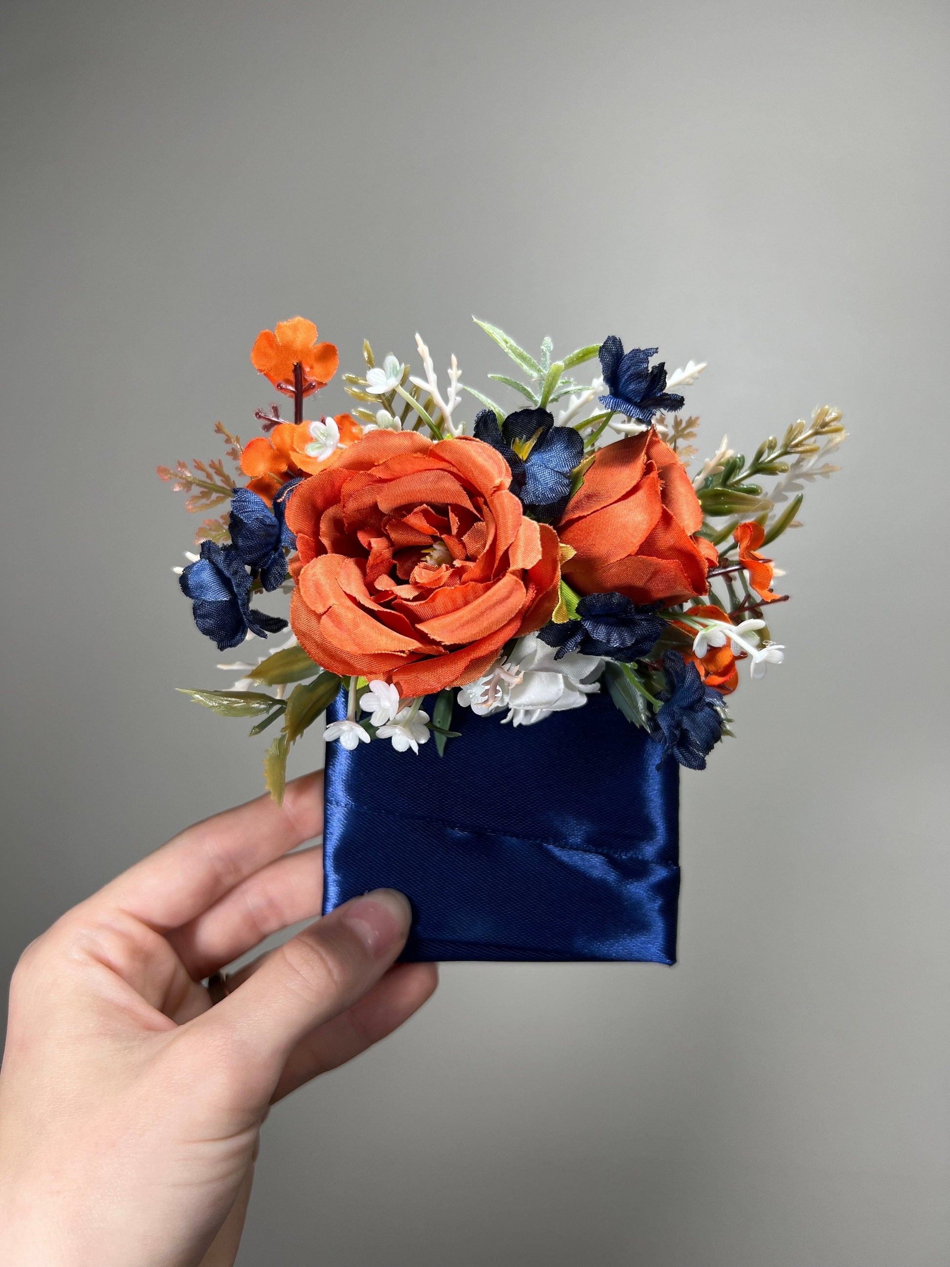 Orange Navy Blue Wrist Corsage, Terracotta Dark Blue Bridesmaid Flower, Rustic Burnt Orange Fall Wedding Corsage