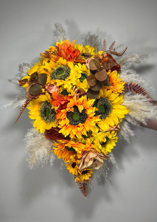 Sunflower Bouquet Cascade Boho Burnt Orange Bridal Bouquet Cascading Terracotta Bouquet Bridesmaids Sunflower Rust Artificial Flowers